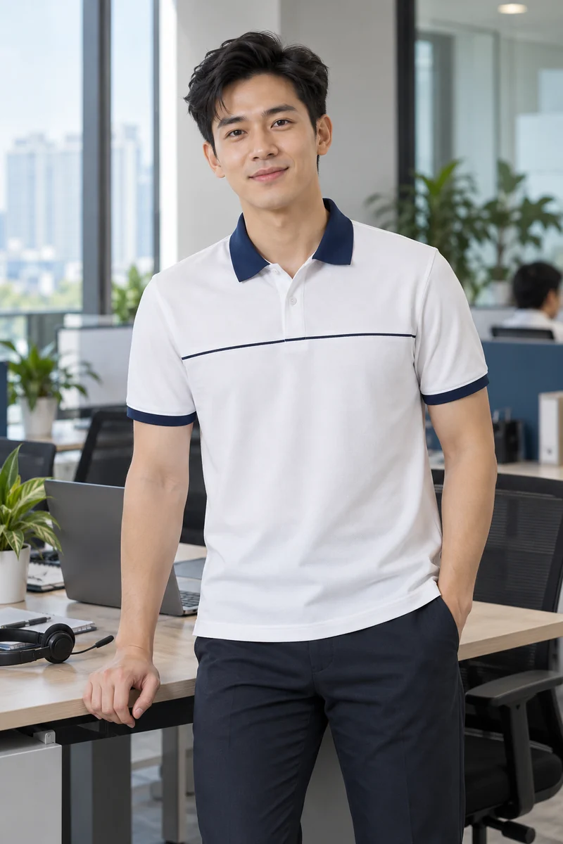 Nhân viên sales nam mặc polo trắng kẻ ngực navy tại văn phòng tư vấn