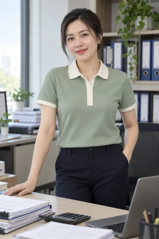 Nữ kế toán mặc polo xanh sage cổ kem bên bàn hồ sơ và máy tính