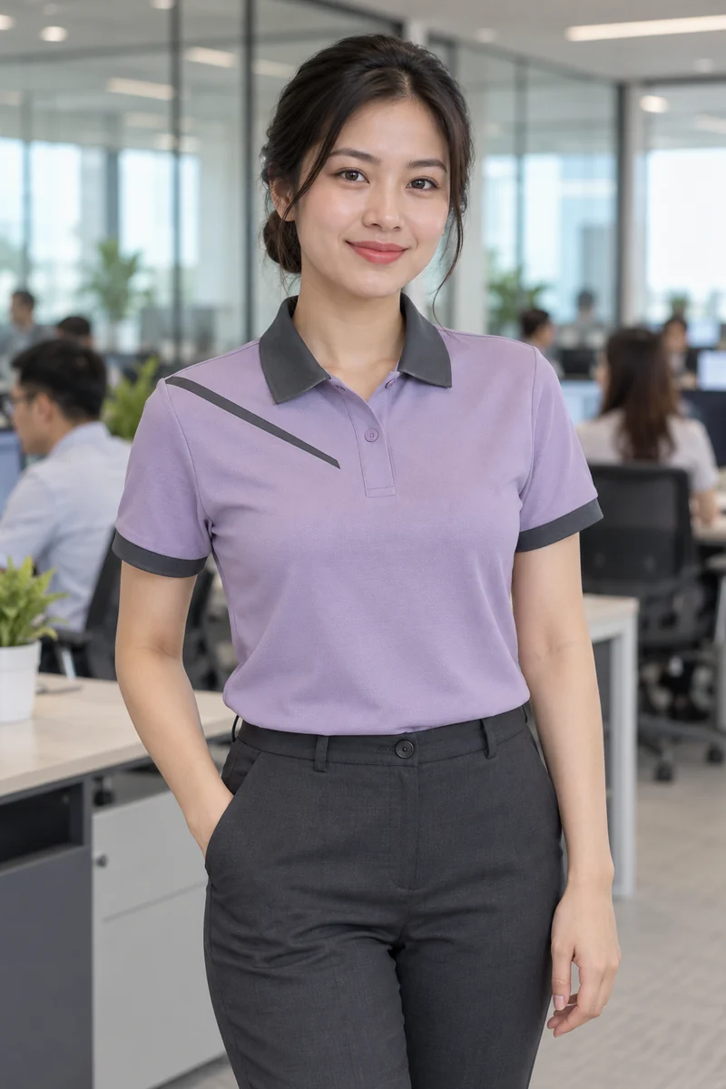 Nữ trưởng nhóm chăm sóc khách hàng mặc polo tím phối chéo tại văn phòng