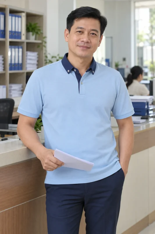 Nam nhân viên hành chính mặc polo xanh nhạt cổ button-down tại quầy hồ sơ