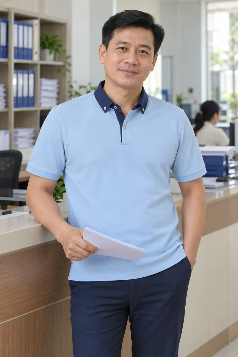Nam nhân viên hành chính mặc polo xanh nhạt cổ button-down tại quầy hồ sơ