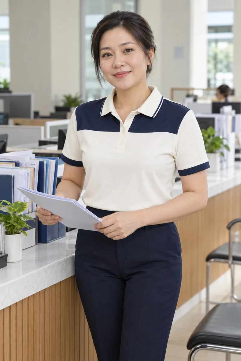 Nữ nhân viên hành chính mặc polo ngà phối cầu vai navy bên quầy tiếp nhận hồ sơ