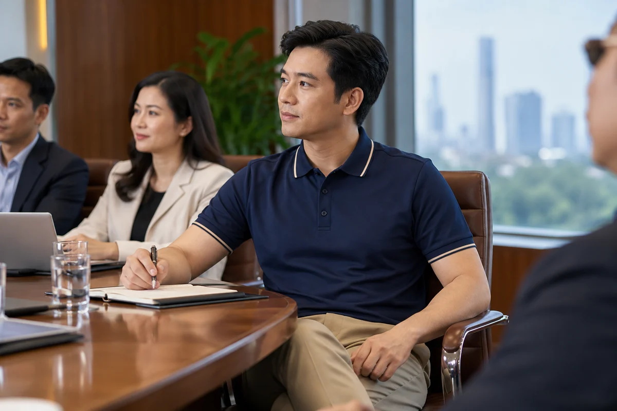 Áo polo viền cổ thanh mảnh cho lãnh đạo và hội nghị: phom áo khi thao tác làm việc