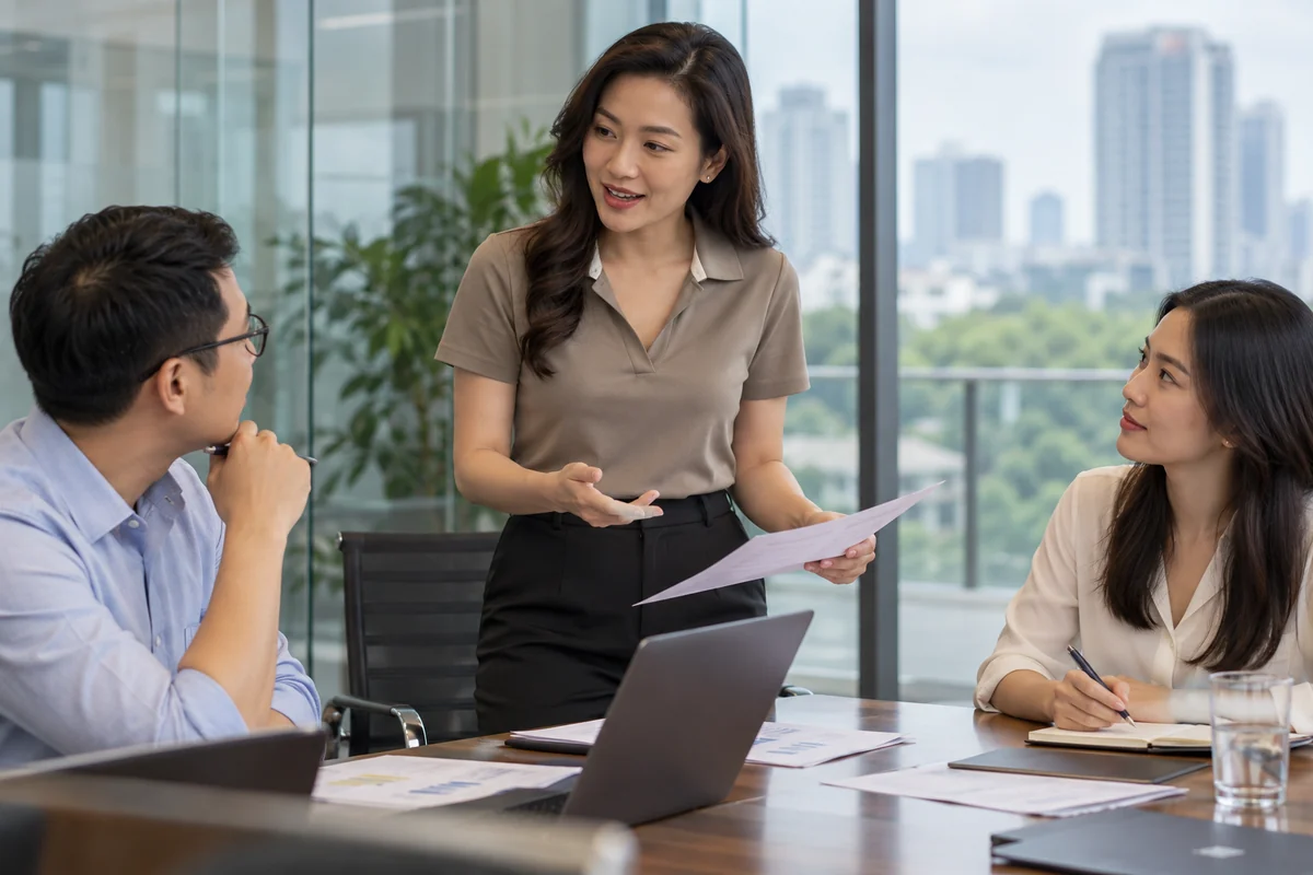 Áo polo cổ mở nữ quản lý cho văn phòng sang trọng: người mặc trong bối cảnh sử dụng