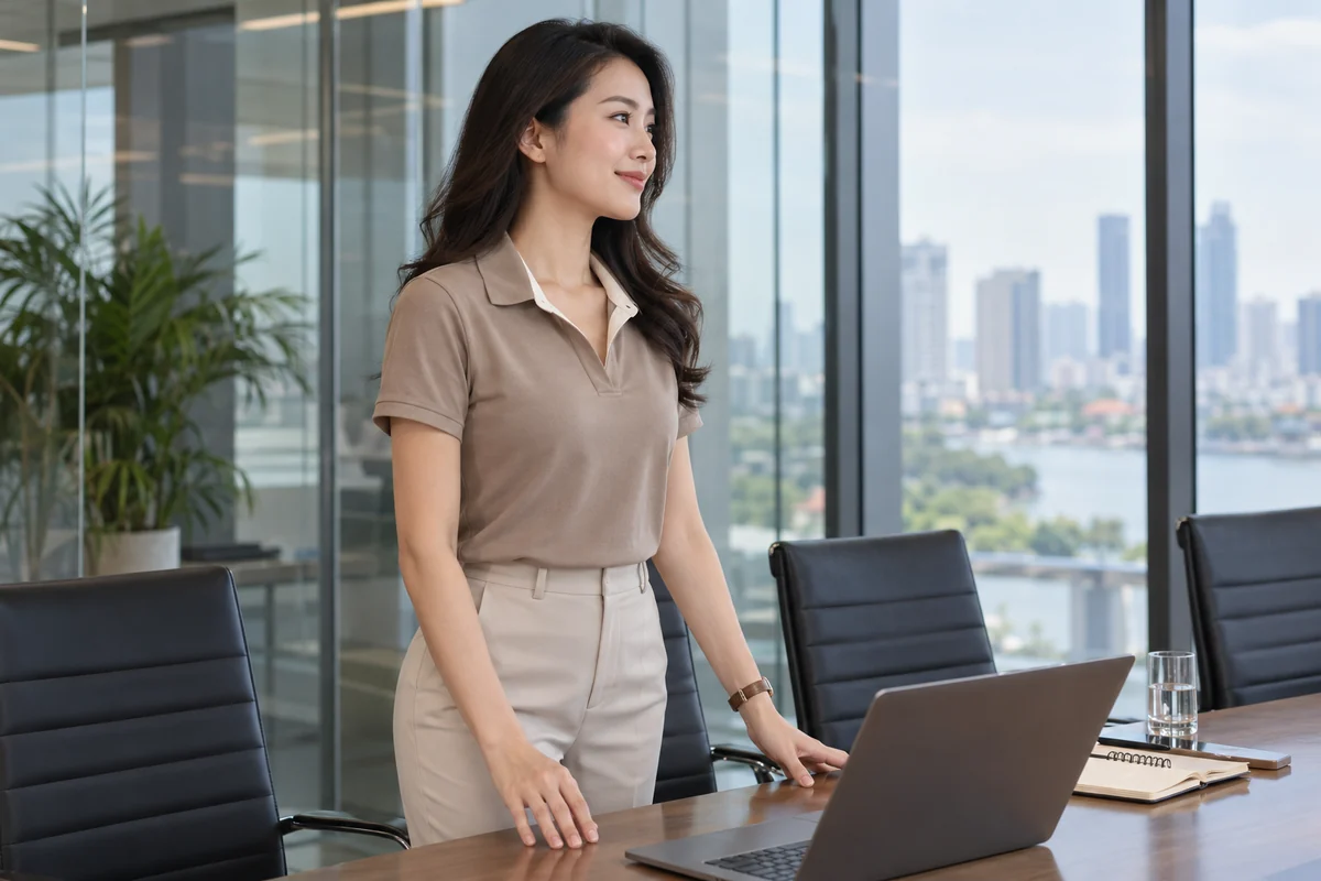 Áo polo cổ mở nữ quản lý cho văn phòng sang trọng: phom áo khi thao tác làm việc