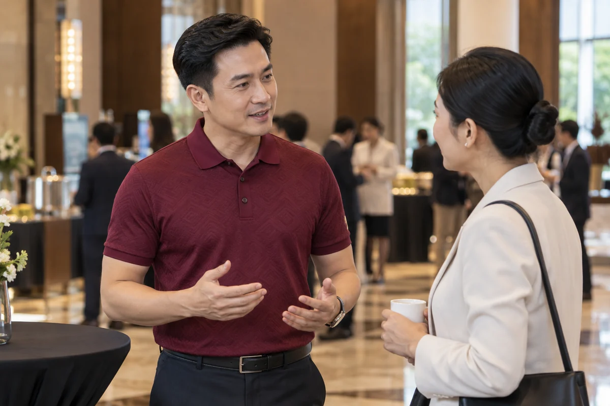 Áo polo jacquard đỏ rượu cho quản lý và hội nghị: người mặc trong bối cảnh sử dụng