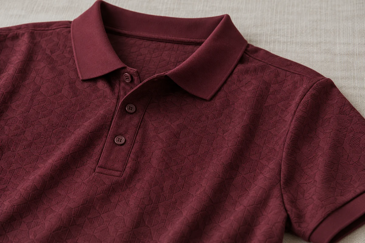 Áo polo jacquard đỏ rượu cho quản lý và hội nghị: cận cấu trúc cổ, nẹp và bề mặt áo