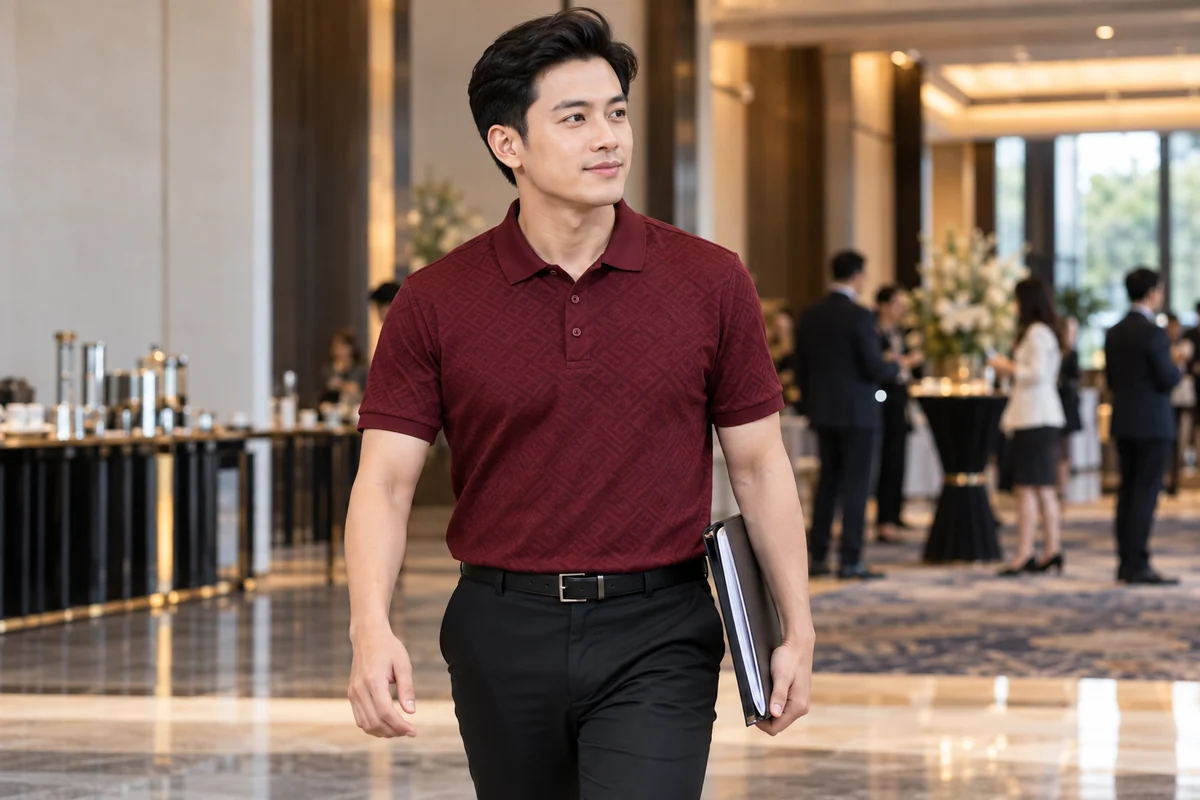 Áo polo jacquard đỏ rượu cho quản lý và hội nghị: phom áo khi thao tác làm việc