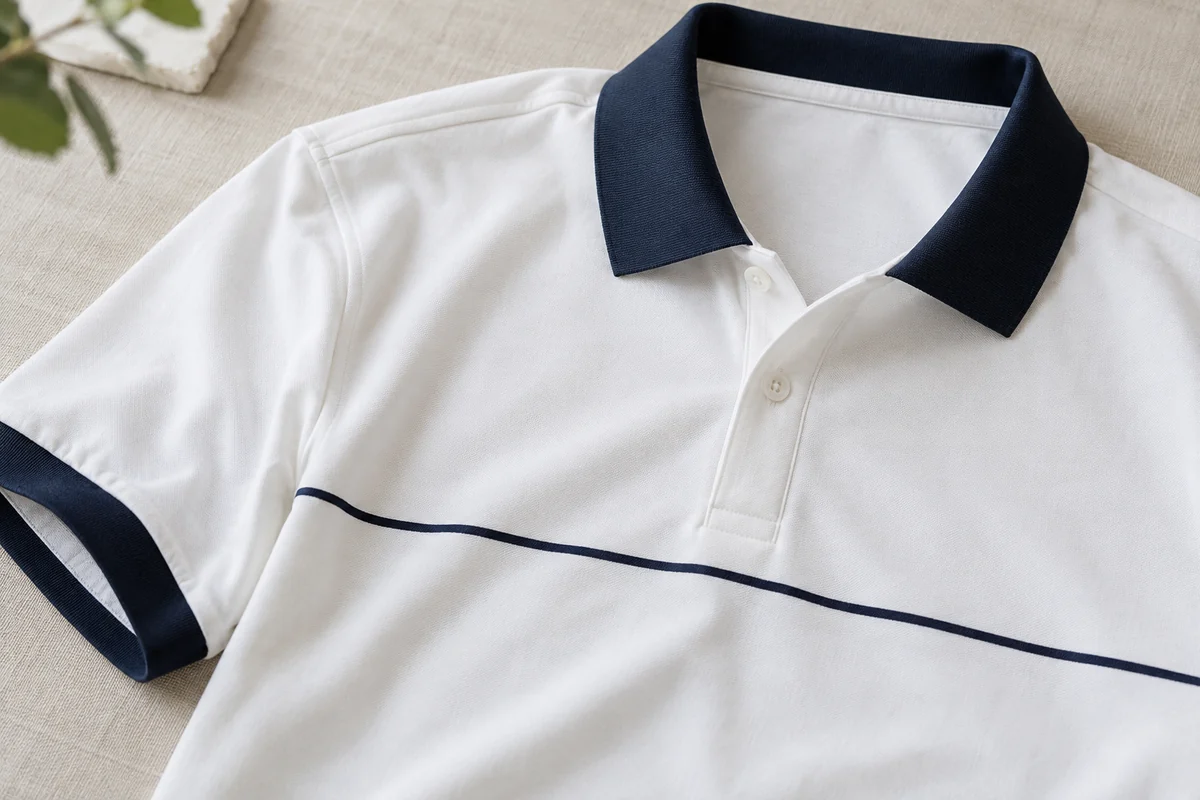 Áo polo trắng kẻ ngực navy cho đội sales văn phòng: cận cấu trúc cổ, nẹp và bề mặt áo