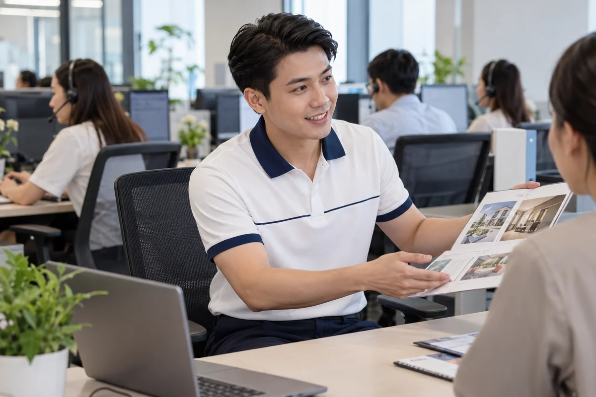 Áo polo trắng kẻ ngực navy cho đội sales văn phòng: phom áo khi thao tác làm việc