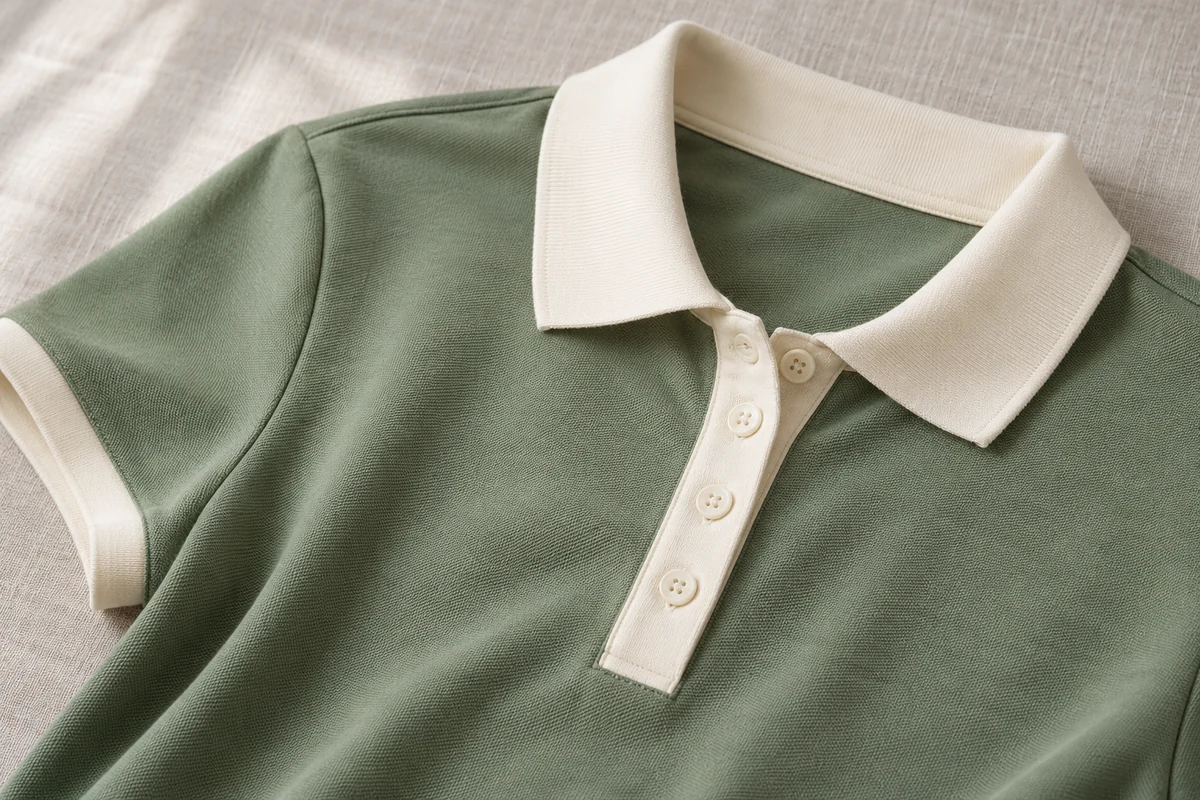 Áo polo xanh sage cổ kem cho bộ phận kế toán: cận cấu trúc cổ, nẹp và bề mặt áo