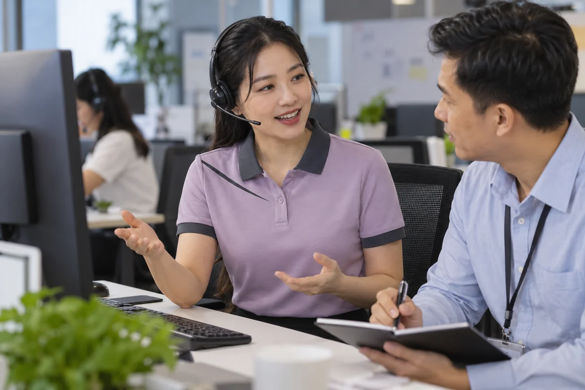 Áo polo tím phối chéo cho sales và chăm sóc khách hàng: người mặc trong bối cảnh sử dụng