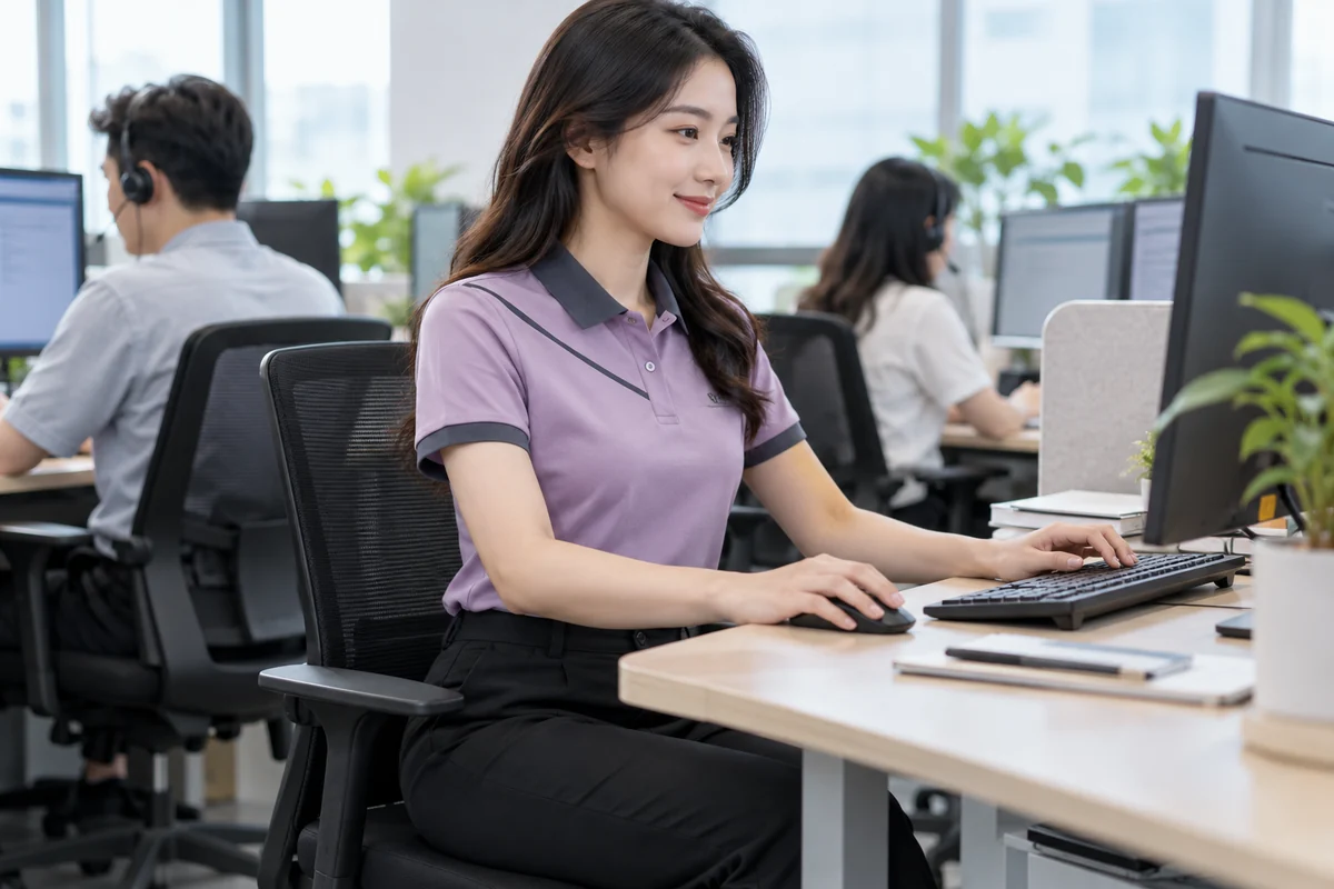Áo polo tím phối chéo cho sales và chăm sóc khách hàng: phom áo khi thao tác làm việc