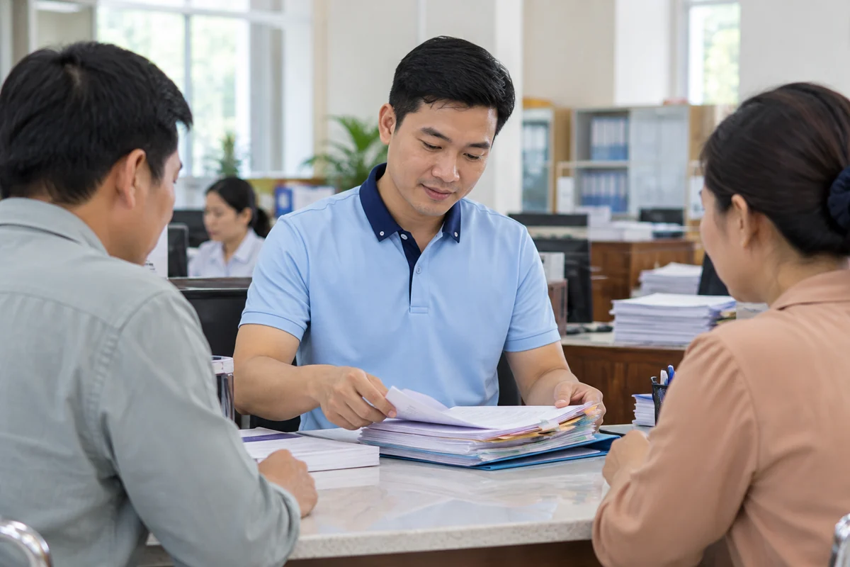 Áo polo cổ button-down xanh nhạt cho cơ quan hành chính: người mặc trong bối cảnh sử dụng