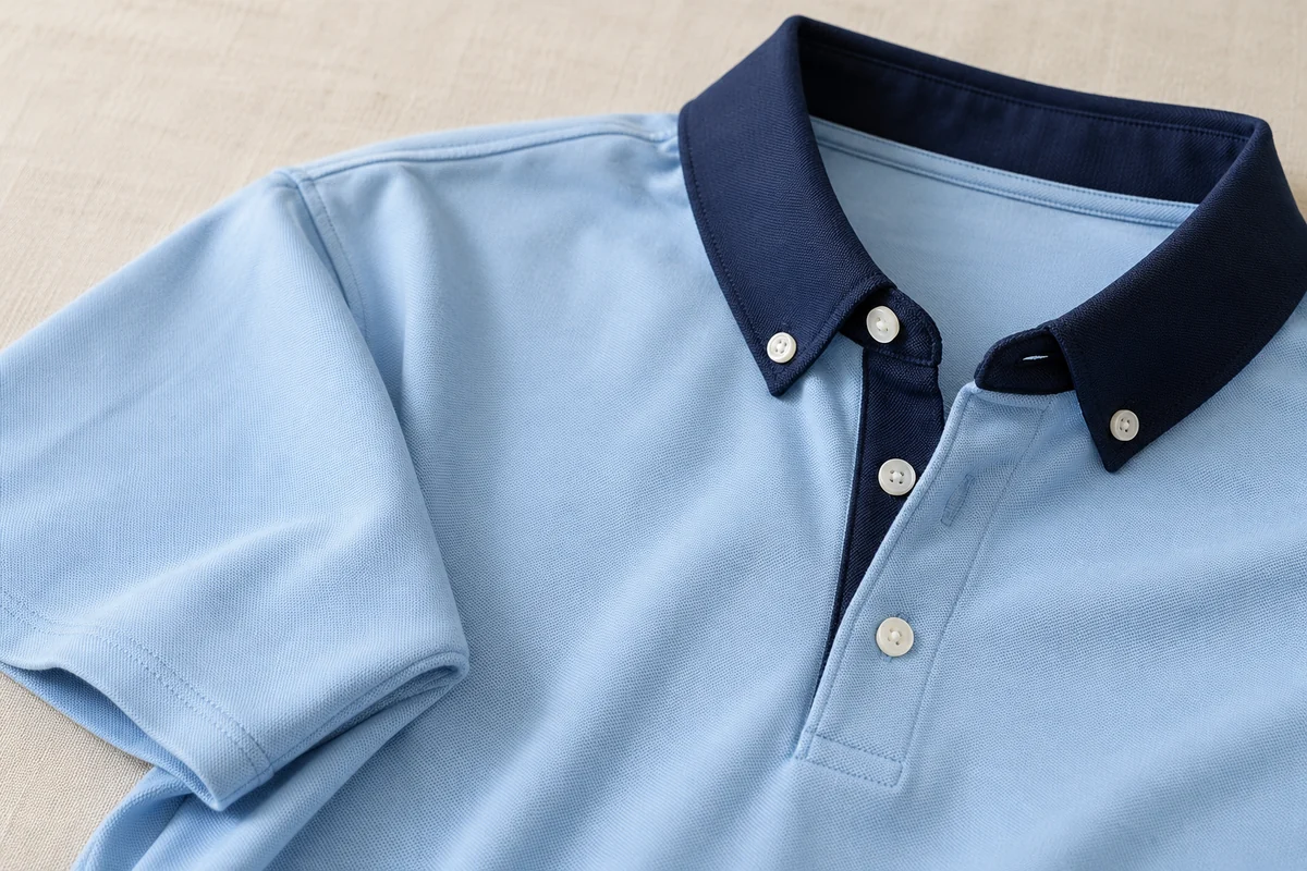 Áo polo cổ button-down xanh nhạt cho cơ quan hành chính: cận cấu trúc cổ, nẹp và bề mặt áo