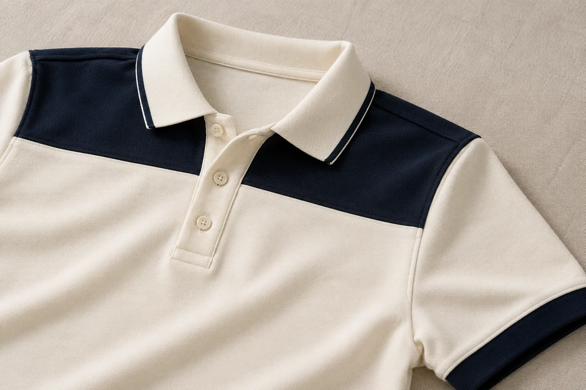 Áo polo phối cầu vai navy cho quầy hành chính: cận cấu trúc cổ, nẹp và bề mặt áo