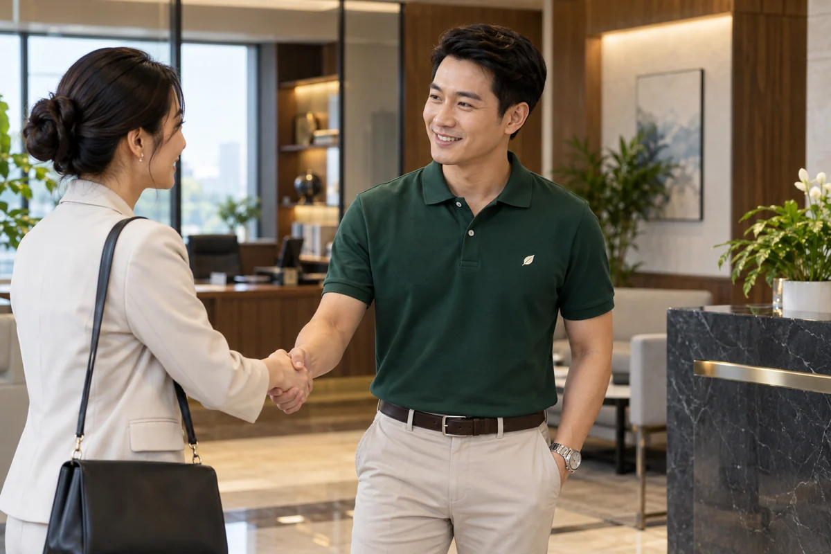 Áo polo văn phòng tối giản thêu logo ngực: người mặc trong bối cảnh sử dụng