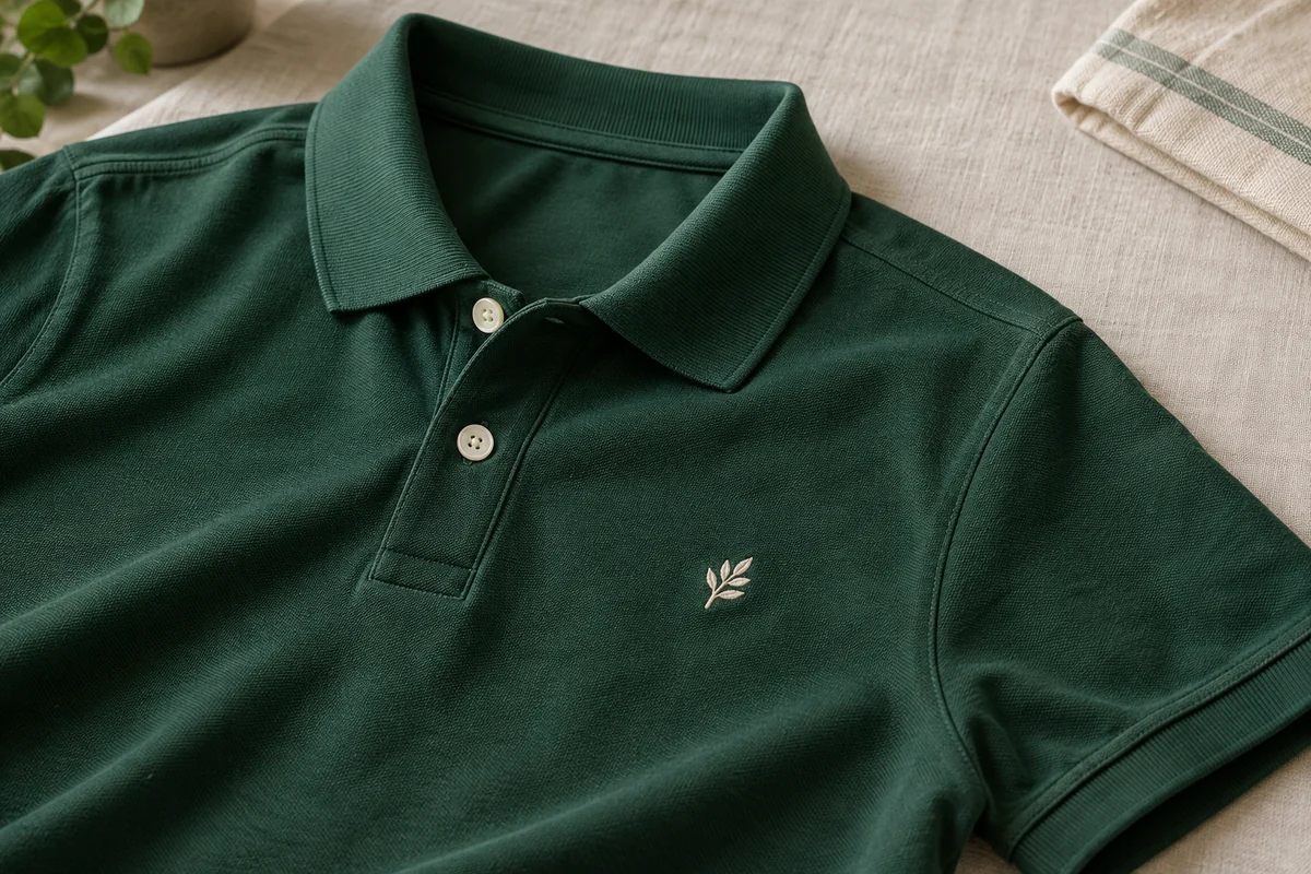 Áo polo văn phòng tối giản thêu logo ngực: cận cấu trúc cổ, nẹp và bề mặt áo