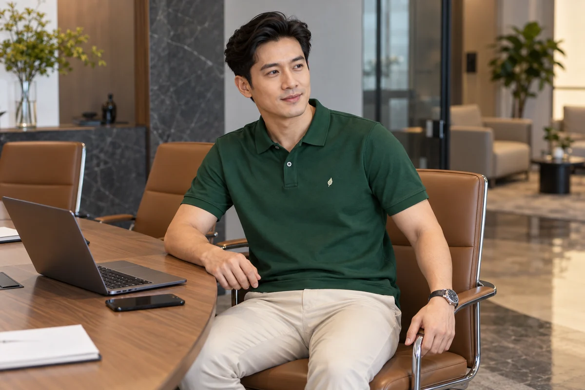 Áo polo văn phòng tối giản thêu logo ngực: phom áo khi thao tác làm việc