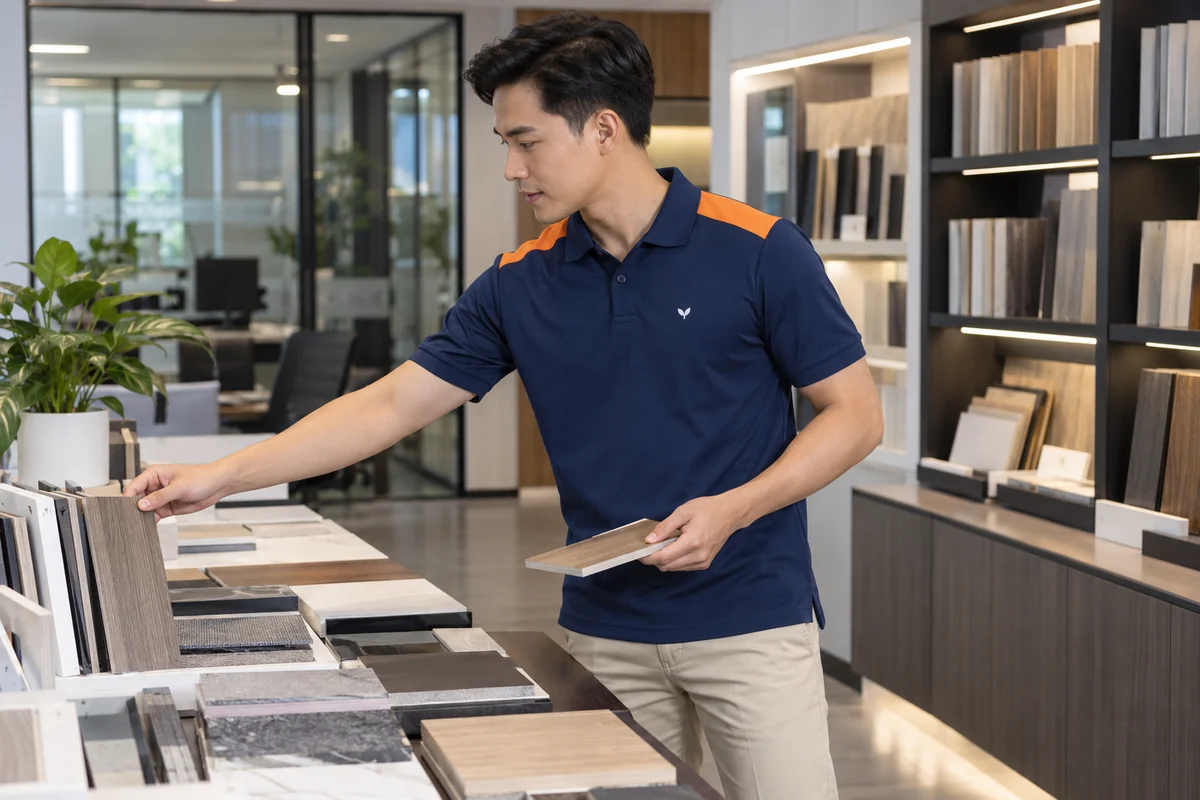 Áo polo phối vai cho nhân viên kinh doanh thị trường: phom áo khi thao tác làm việc