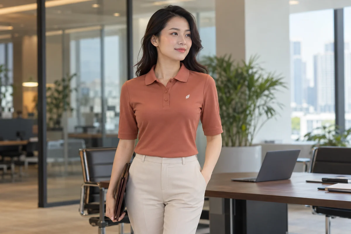 Áo polo nữ chiết eo nhẹ cho nhân viên văn phòng: phom áo khi thao tác làm việc