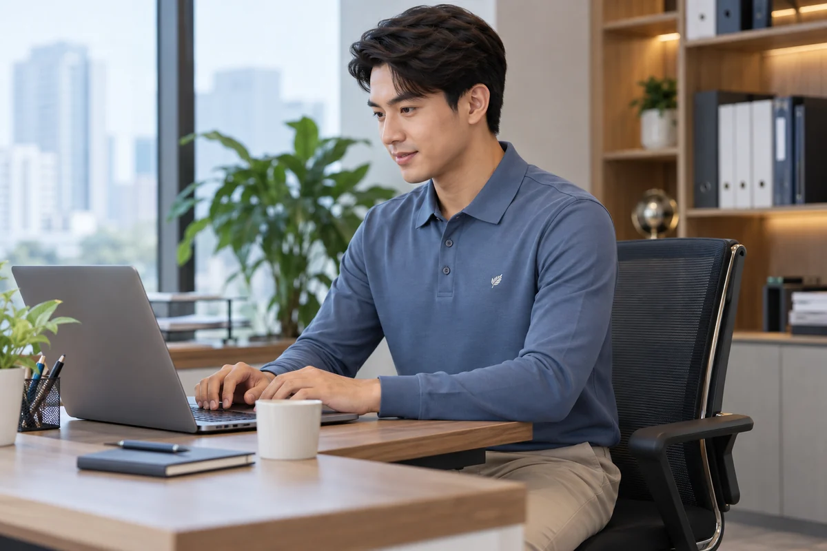 Áo polo tay dài cho văn phòng điều hòa: phom áo khi thao tác làm việc