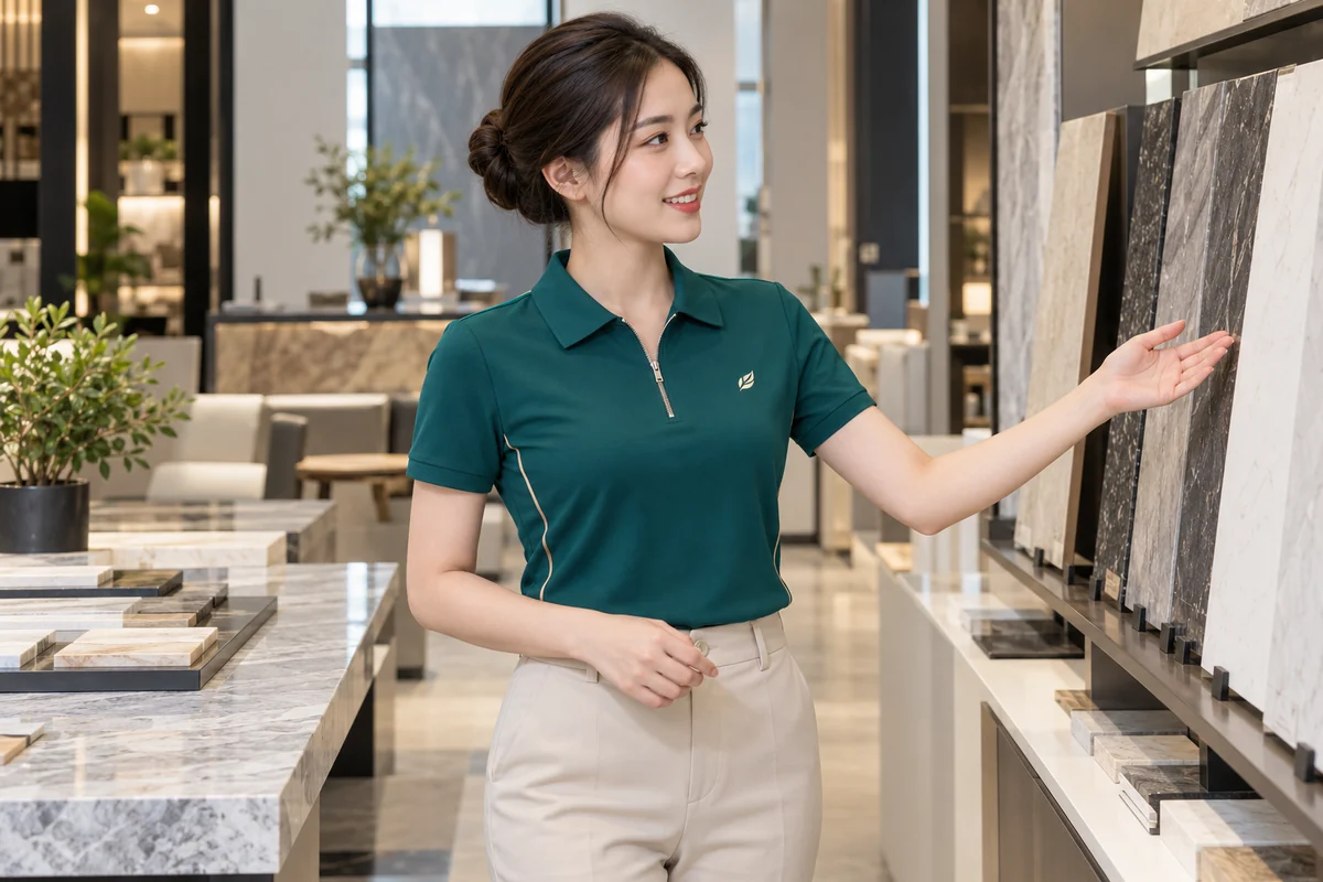Áo polo khóa kéo cổ cho đội showroom: phom áo khi thao tác làm việc