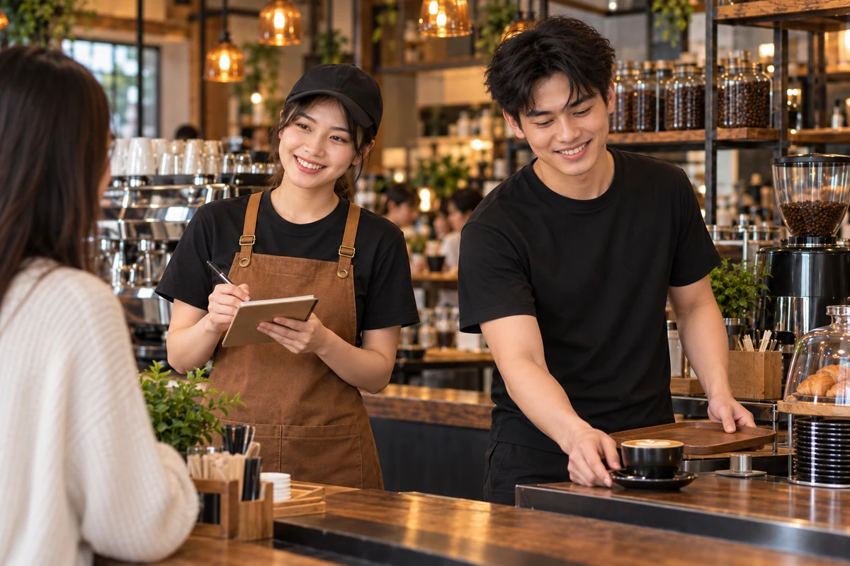 Ảnh AI minh họa áo thun phục vụ quán cà phê đen phối tạp dề nâu: tình huống phục vụ tại quán