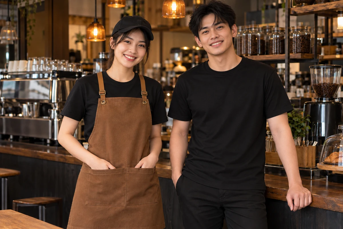 Ảnh AI minh họa áo thun phục vụ quán cà phê đen phối tạp dề nâu: người mặc mẫu áo và phụ kiện gợi ý