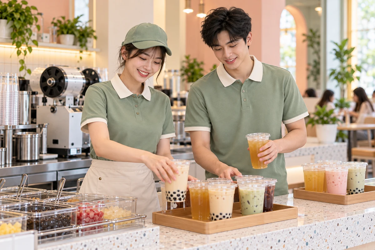 Ảnh AI minh họa áo polo phục vụ quán trà sữa xanh sage cổ kem: tình huống phục vụ tại quán