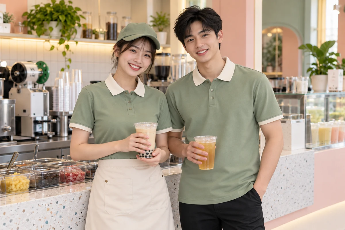 Ảnh AI minh họa áo polo phục vụ quán trà sữa xanh sage cổ kem: người mặc mẫu áo và phụ kiện gợi ý