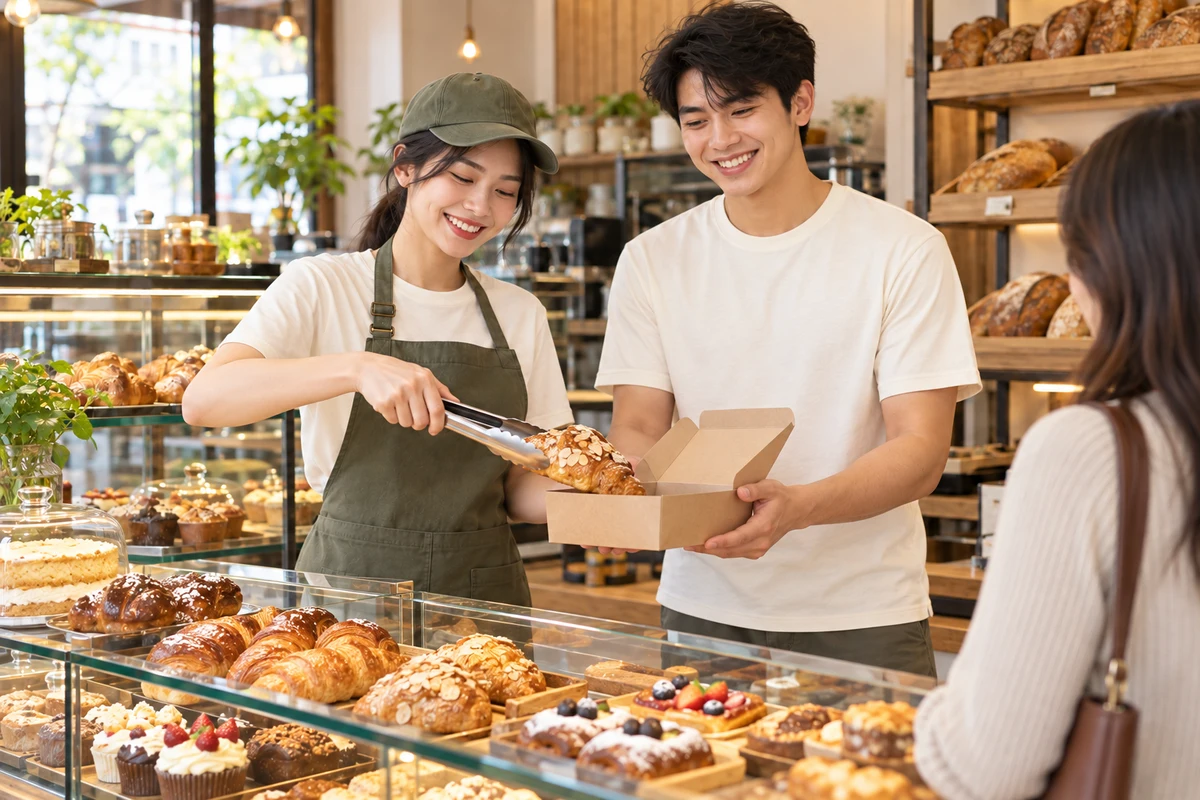 Ảnh AI minh họa áo thun phục vụ tiệm bánh màu kem phối tạp dề xanh olive: tình huống phục vụ tại quán