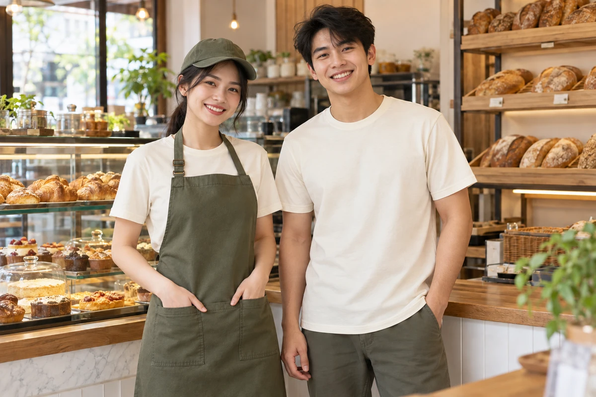 Ảnh AI minh họa áo thun phục vụ tiệm bánh màu kem phối tạp dề xanh olive: người mặc mẫu áo và phụ kiện gợi ý