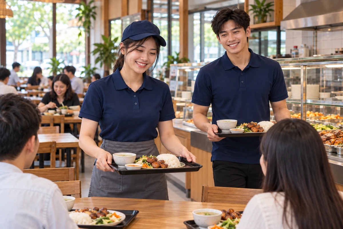 Ảnh AI minh họa áo polo phục vụ quán cơm màu navy phối tạp dề xám: tình huống phục vụ tại quán