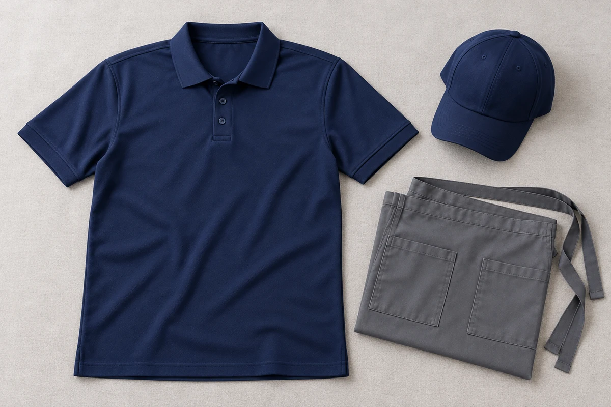 Ảnh AI minh họa áo polo phục vụ quán cơm màu navy phối tạp dề xám: thiết kế áo và phụ kiện chụp riêng