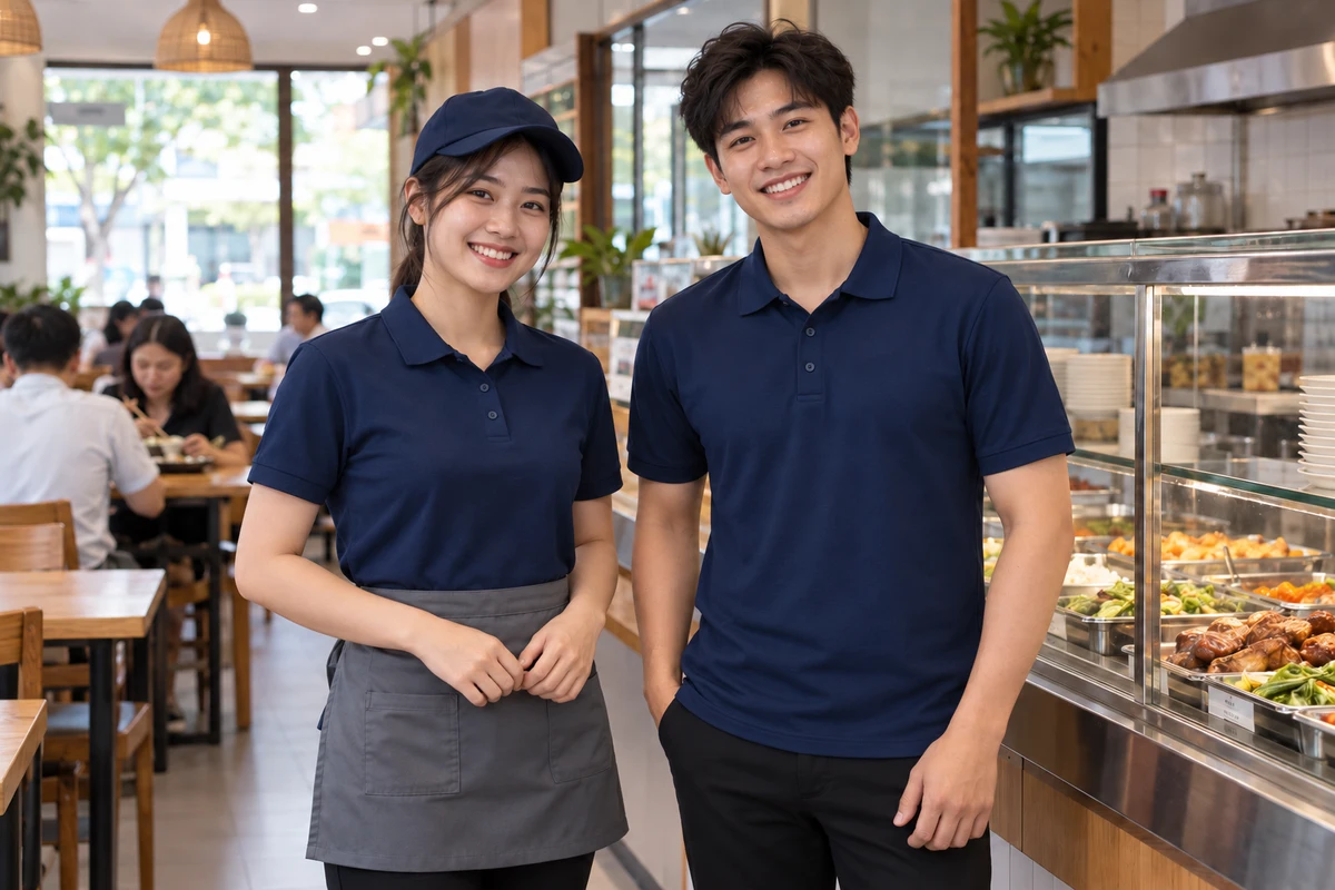 Ảnh AI minh họa áo polo phục vụ quán cơm màu navy phối tạp dề xám: người mặc mẫu áo và phụ kiện gợi ý
