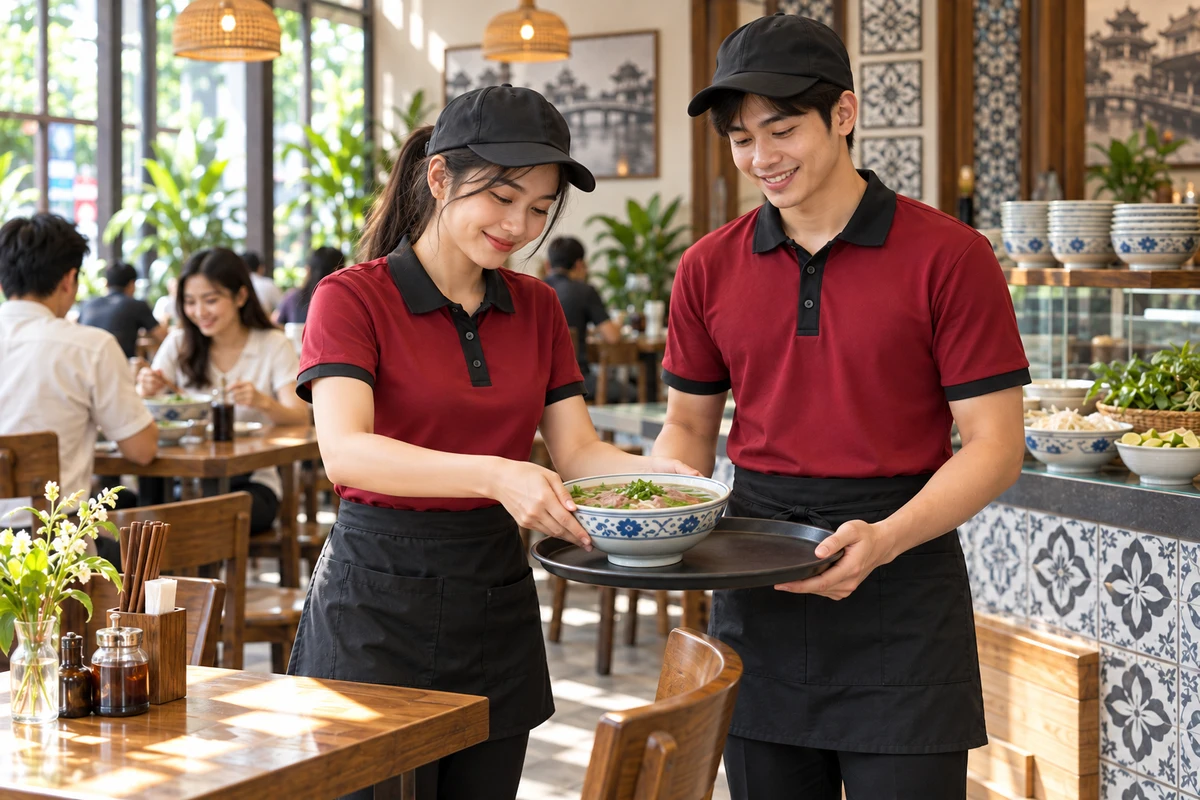 Ảnh AI minh họa áo polo phục vụ quán bún phở đỏ rượu cổ đen: tình huống phục vụ tại quán
