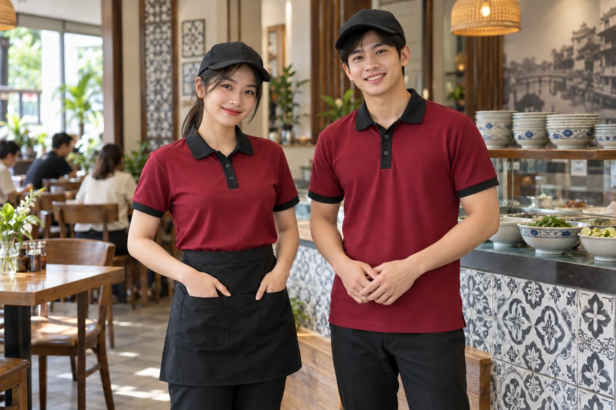Ảnh AI minh họa áo polo phục vụ quán bún phở đỏ rượu cổ đen: người mặc mẫu áo và phụ kiện gợi ý