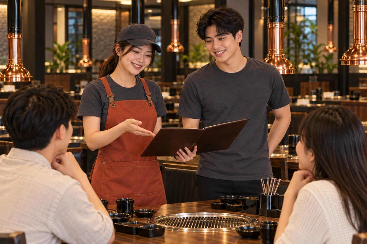 Ảnh AI minh họa áo thun phục vụ quán nướng xám than phối tạp dề gạch: tình huống phục vụ tại quán