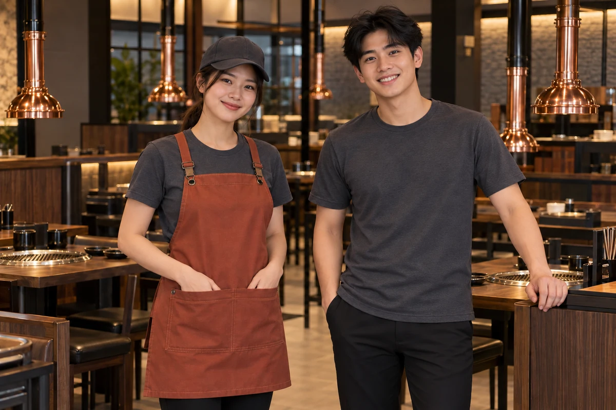 Ảnh AI minh họa áo thun phục vụ quán nướng xám than phối tạp dề gạch: người mặc mẫu áo và phụ kiện gợi ý