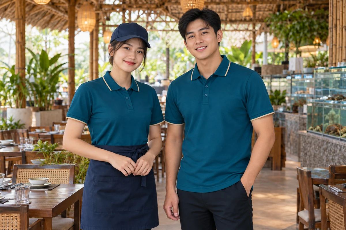 Ảnh AI minh họa áo polo phục vụ quán hải sản xanh cổ vịt viền cát: người mặc mẫu áo và phụ kiện gợi ý