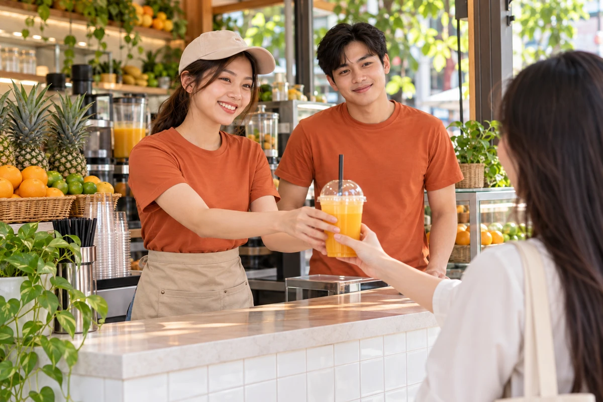 Ảnh AI minh họa áo thun phục vụ quầy nước ép cam đất phối nón kết be: tình huống phục vụ tại quán