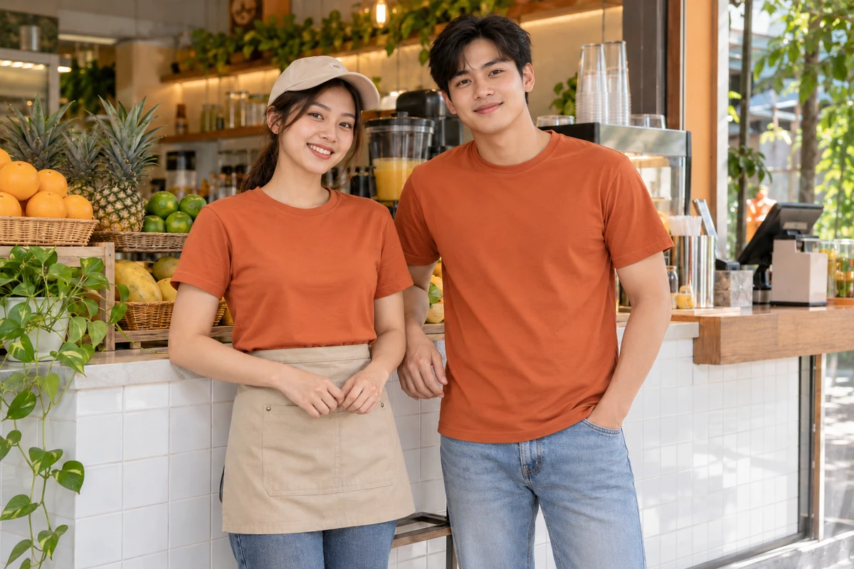 Ảnh AI minh họa áo thun phục vụ quầy nước ép cam đất phối nón kết be: người mặc mẫu áo và phụ kiện gợi ý