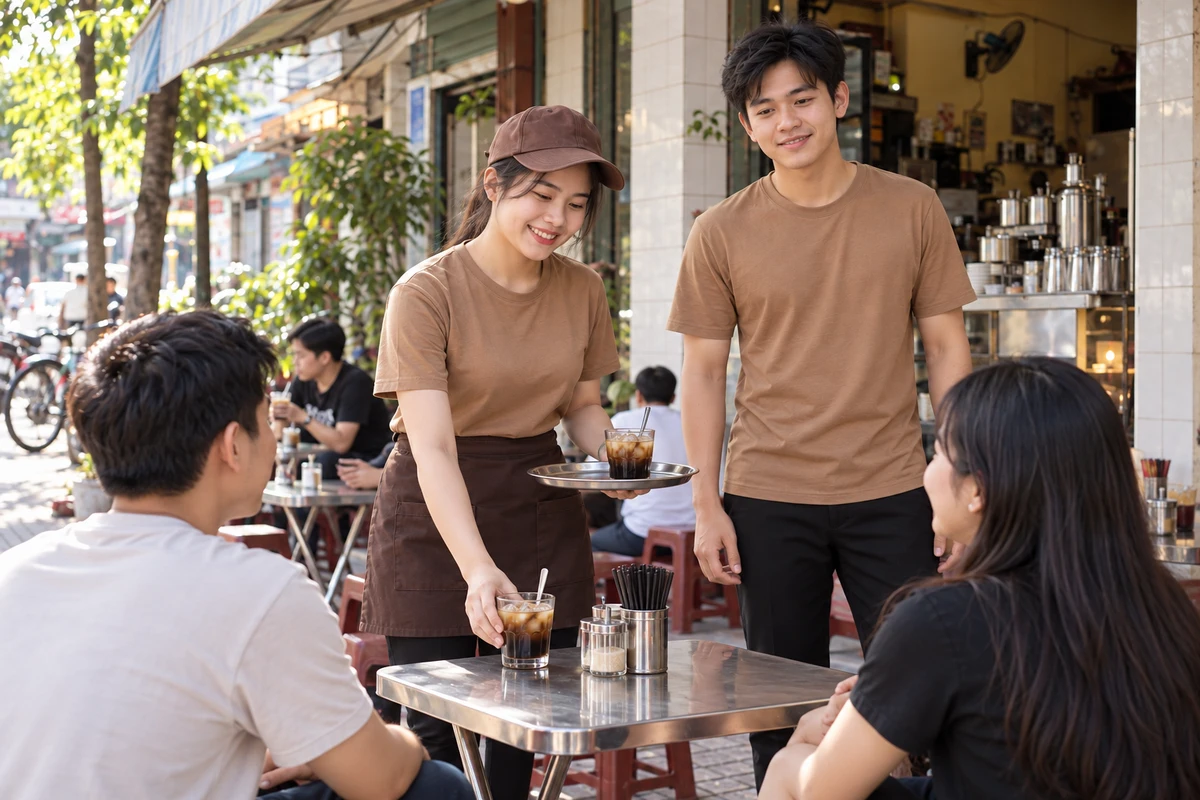 Ảnh AI minh họa áo thun phục vụ quán cà phê bình dân màu nâu sữa: tình huống phục vụ tại quán