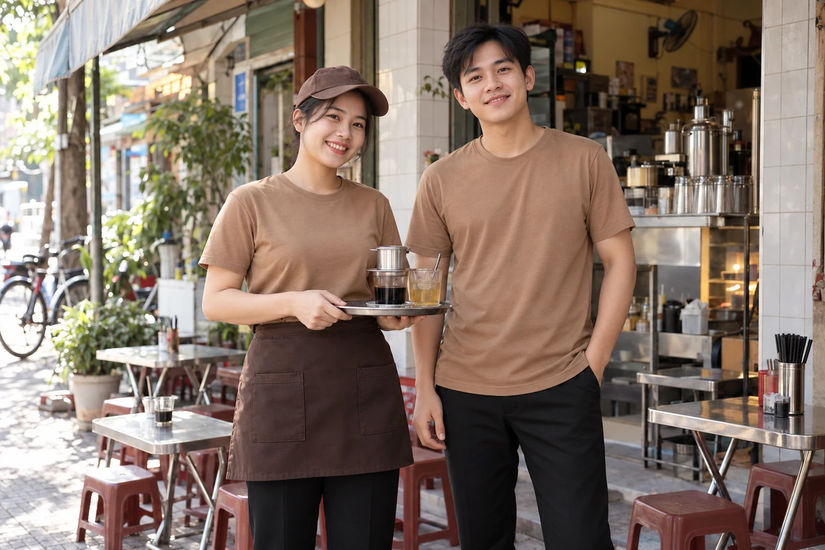 Ảnh AI minh họa áo thun phục vụ quán cà phê bình dân màu nâu sữa: người mặc mẫu áo và phụ kiện gợi ý
