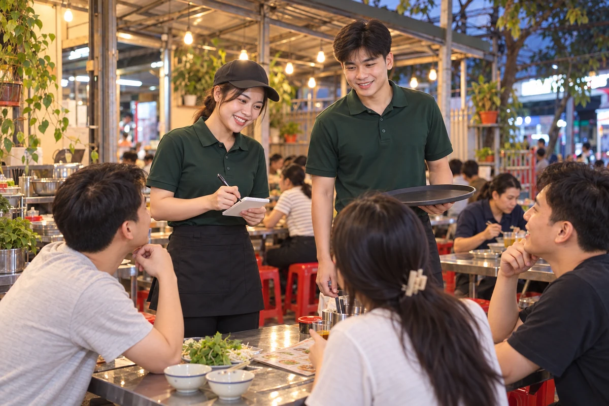 Ảnh AI minh họa áo polo phục vụ quán nhậu xanh rêu phối tạp dề đen: tình huống phục vụ tại quán