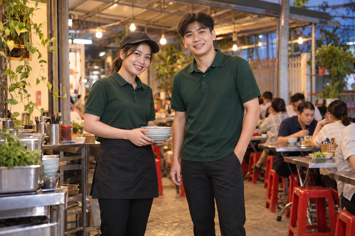 Ảnh AI minh họa áo polo phục vụ quán nhậu xanh rêu phối tạp dề đen: người mặc mẫu áo và phụ kiện gợi ý