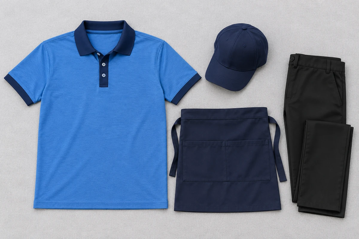 Ảnh AI minh họa áo polo phục vụ quán ăn gia đình xanh dương cổ navy: thiết kế áo và phụ kiện chụp riêng