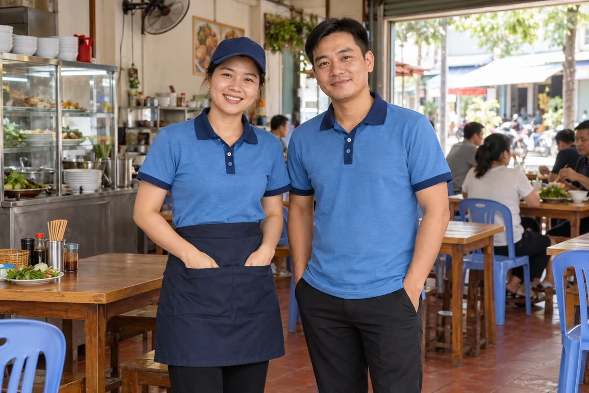 Ảnh AI minh họa áo polo phục vụ quán ăn gia đình xanh dương cổ navy: người mặc mẫu áo và phụ kiện gợi ý