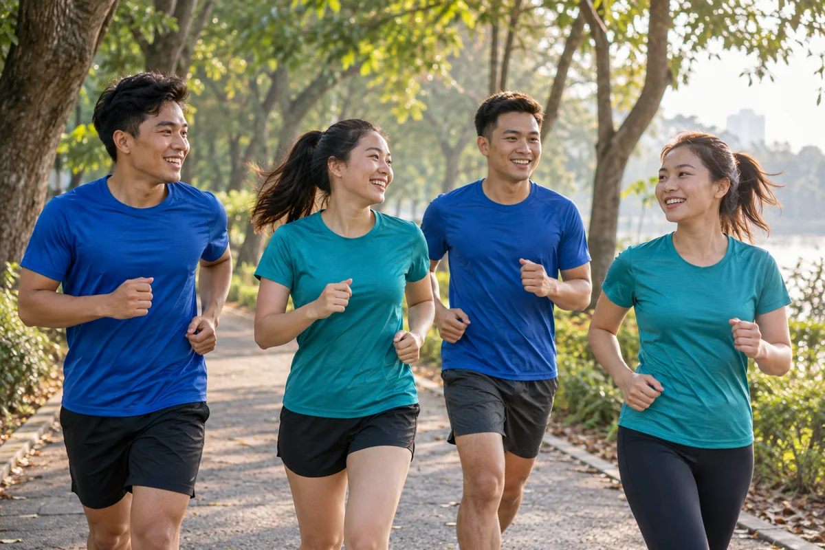 Nhóm người mặc áo thể thao xanh chạy trên đường trong công viên